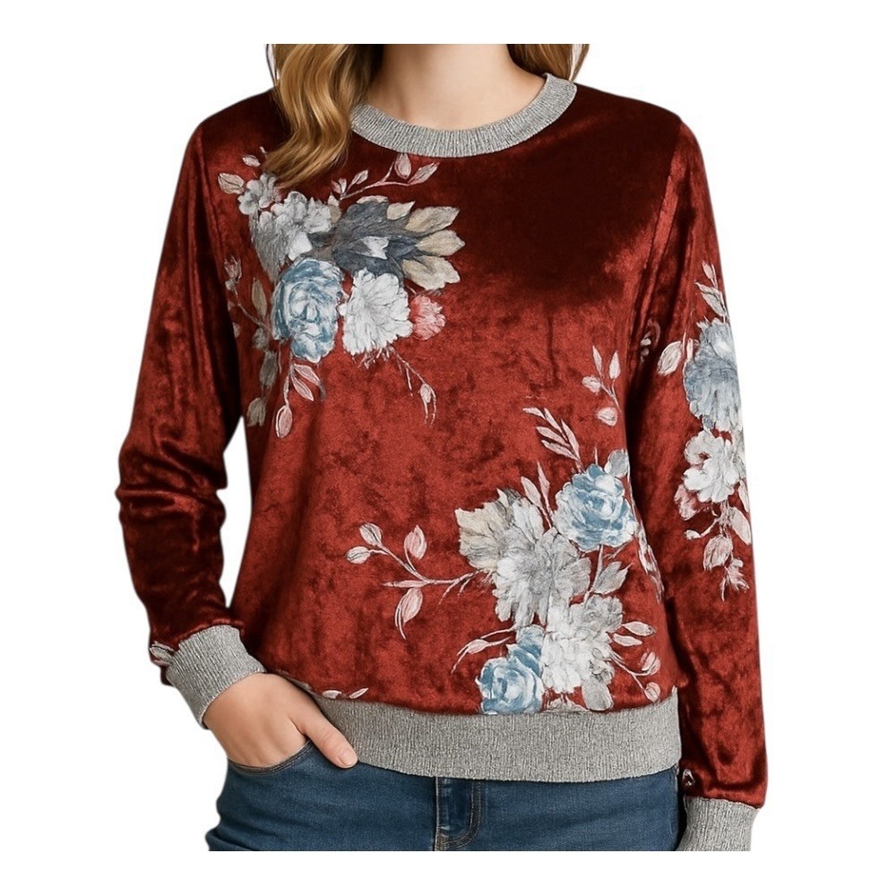 CRESCENT DRIVE Crushed Velvet Pullover sz L Floral Lightweight Loungewear Casual